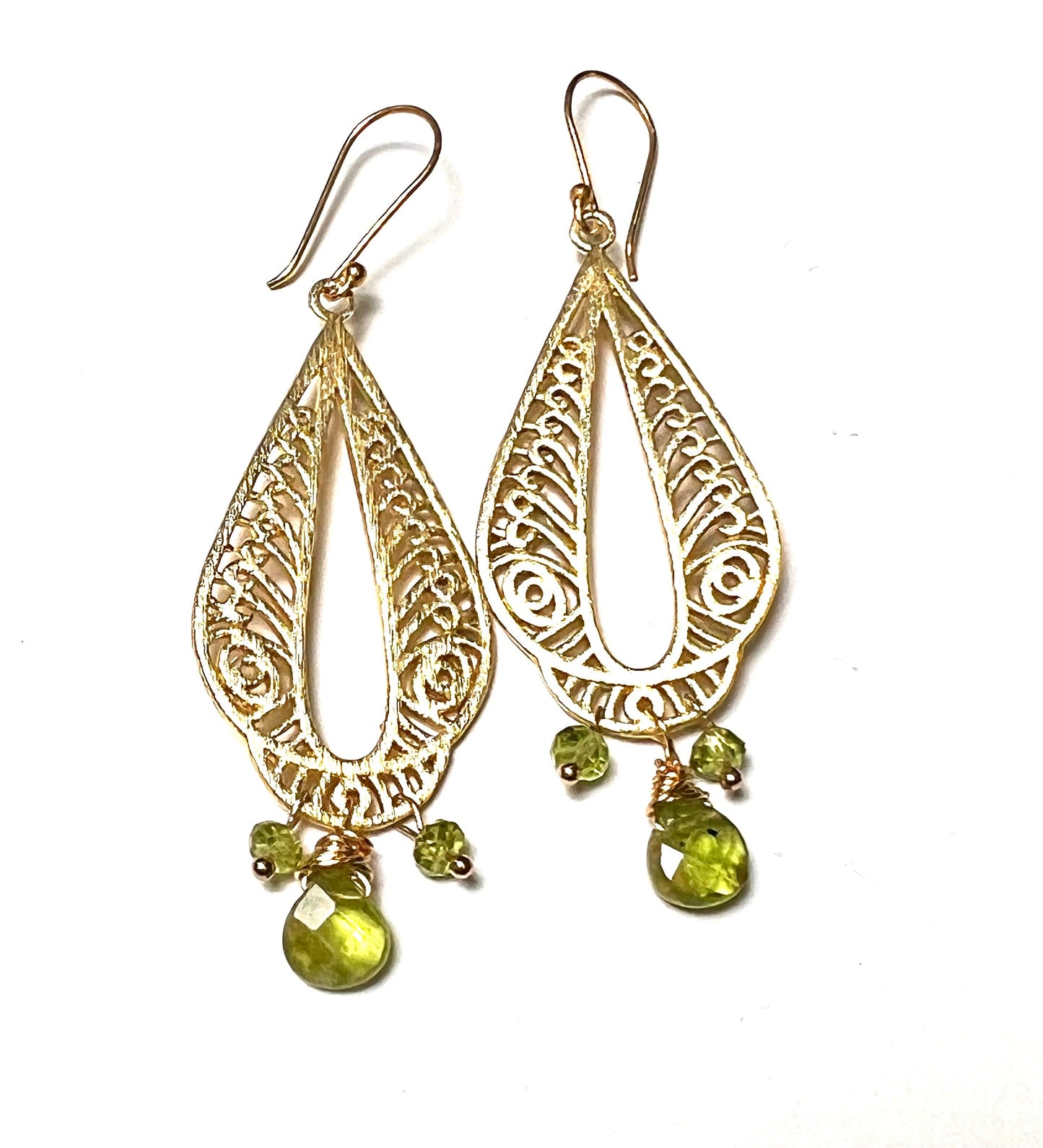 Brush Gold Vermeil with Natural Peridot dangling wire wrapped handmade Earring .August Birthston
