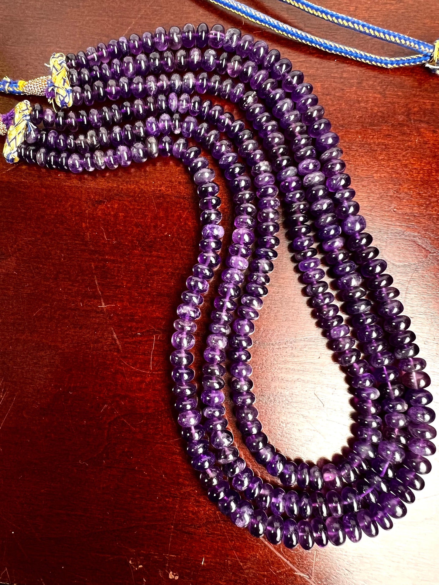 Natural Amethyst Purple Smooth Roundel 7-8mm large 3 line necklace, 18.5” long plus 10”adjustable thread. Healing chakra gemstone