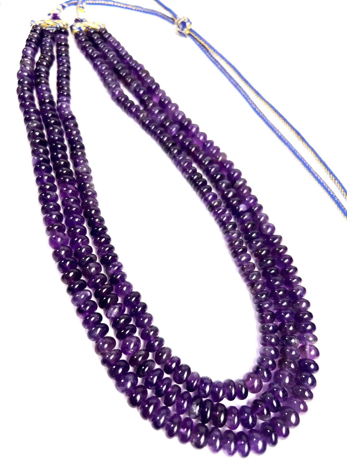 Natural Amethyst Purple Smooth Roundel 7-8mm large 3 line necklace, 18.5” long plus 10”adjustable thread. Healing chakra gemstone