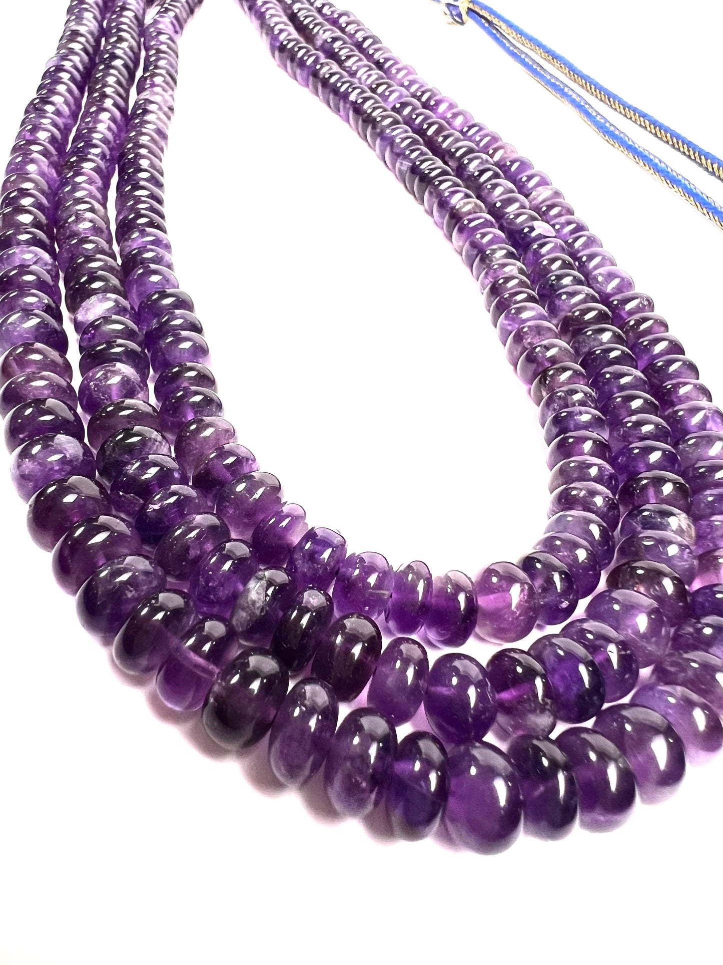 Natural Amethyst Purple Smooth Roundel 7-8mm large 3 line necklace, 18.5” long plus 10”adjustable thread. Healing chakra gemstone