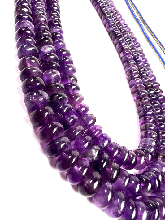 Natural Amethyst Purple Smooth Roundel 7-8mm large 3 line necklace, 18.5” long plus 10”adjustable thread. Healing chakra gemstone