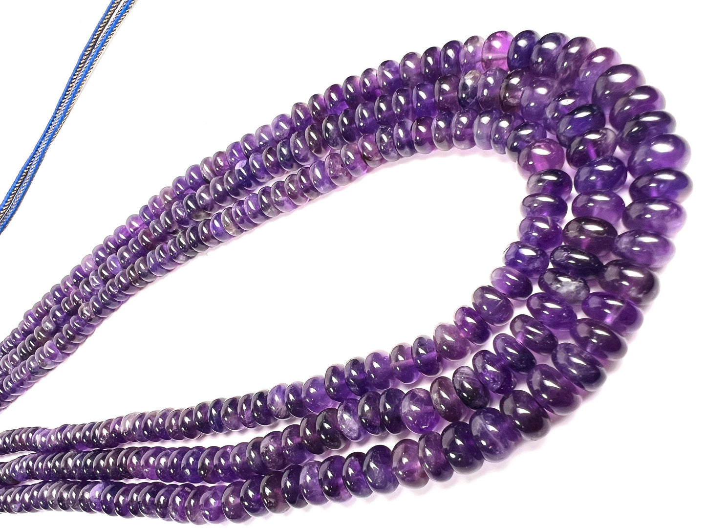 Natural Amethyst Purple Smooth Roundel 7-8mm large 3 line necklace, 18.5” long plus 10”adjustable thread. Healing chakra gemstone