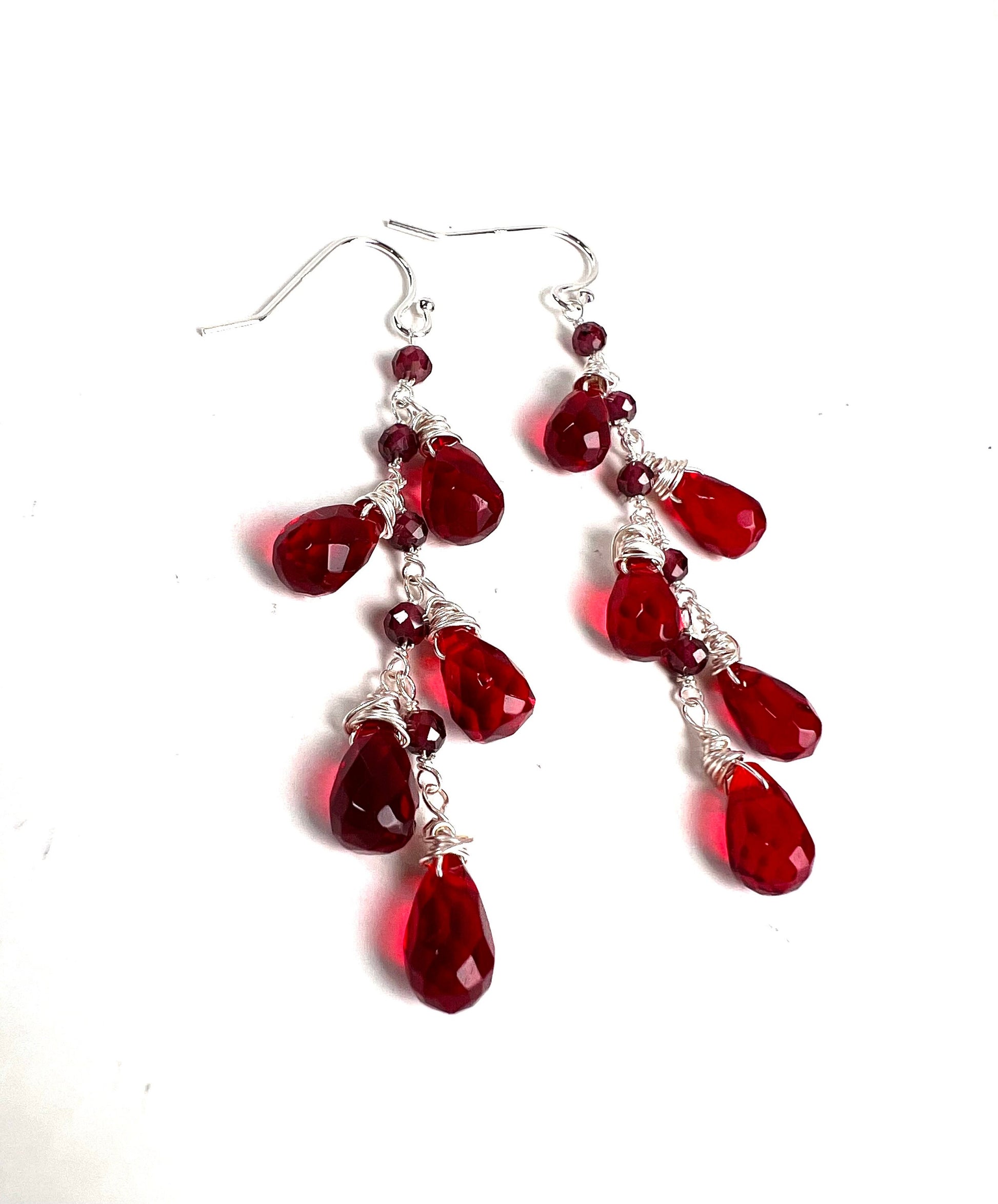 Ruby Quartz Faceted Drop vibrant Red wire Wrapped Dangling in Garnet 925 Sterling Silver cluster Earrings,Valentine,Bridesmaid, Gift For Her