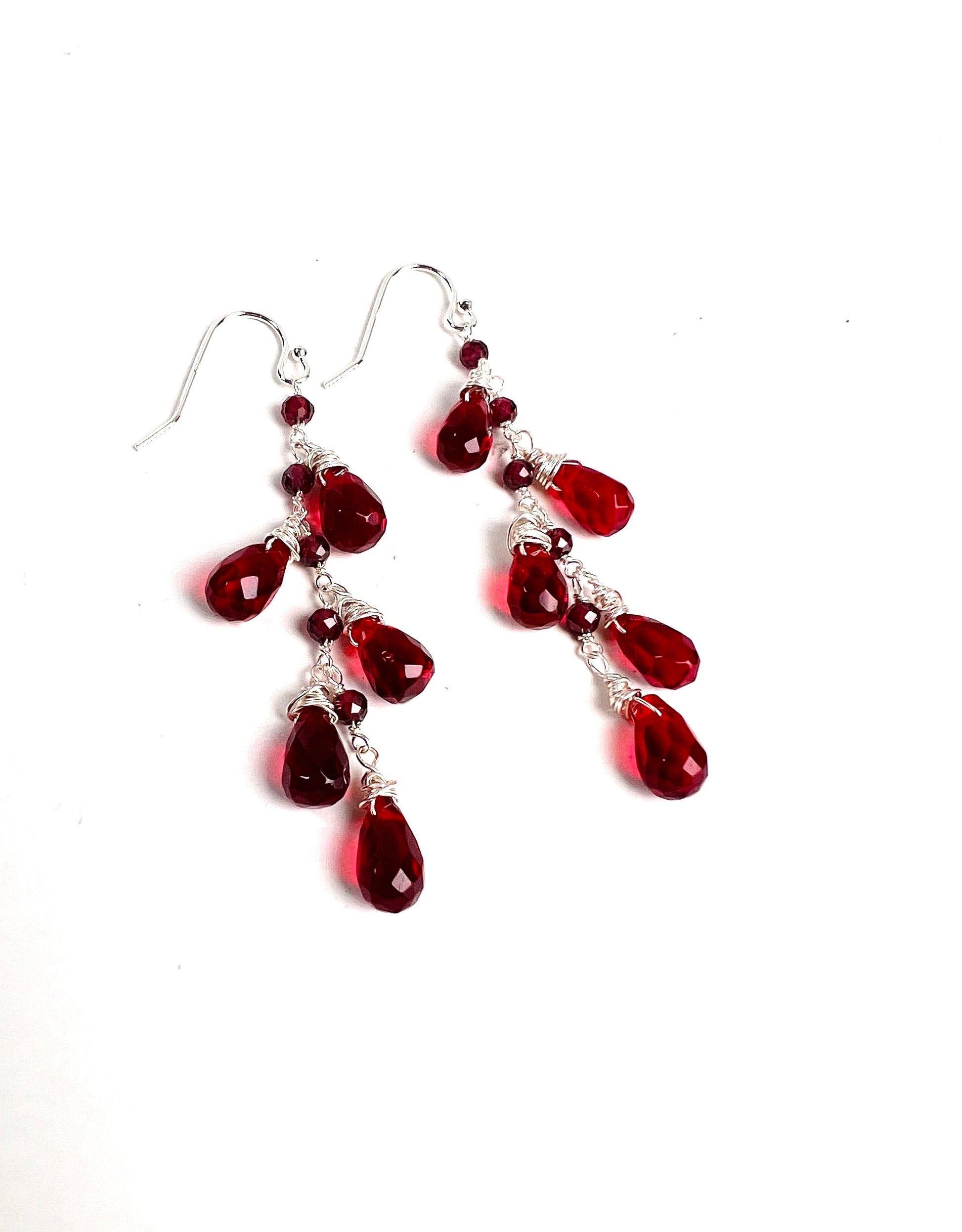 Ruby Quartz Faceted Drop vibrant Red wire Wrapped Dangling in Garnet 925 Sterling Silver cluster Earrings,Valentine,Bridesmaid, Gift For Her