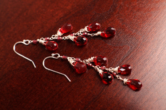 Ruby Quartz Faceted Drop vibrant Red wire Wrapped Dangling in Garnet 925 Sterling Silver cluster Earrings,Valentine,Bridesmaid, Gift For Her