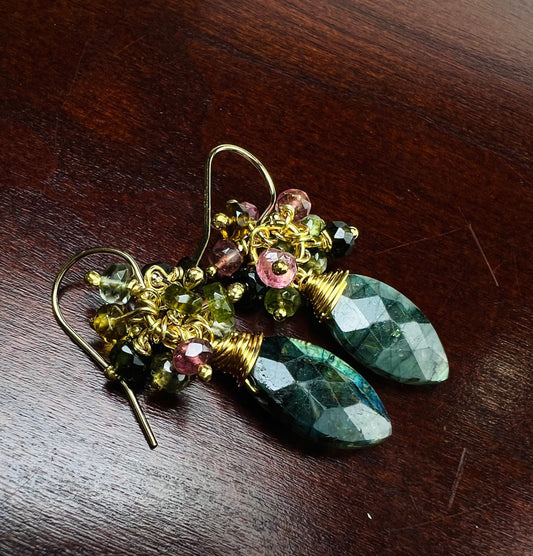 Labradorite Green Blue Flash with Watermelon Tourmaline Cluster 14k Gold Filled Earrings, Bridal, Boho, Beachwear, Handmade Gift