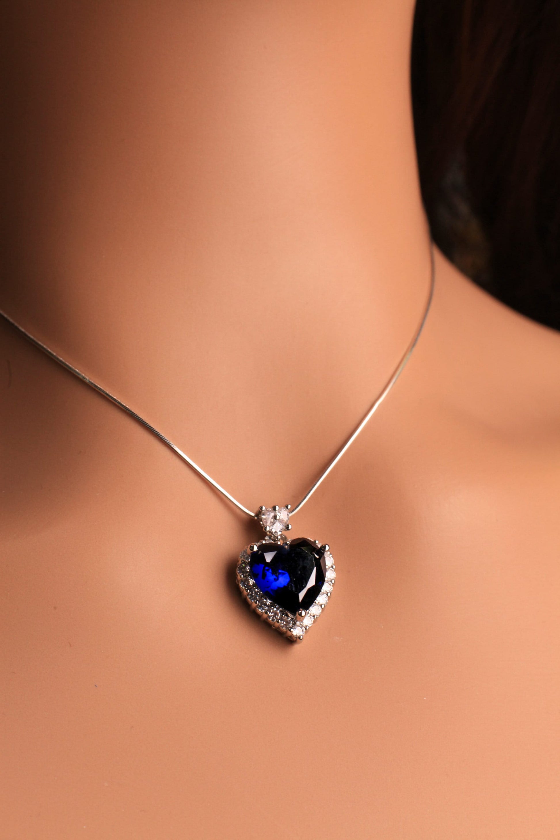 Blue Sapphire CZ diamond setting Ocean of the Heart Pendant 925 Sterling Silver Necklace Italian Sterling Silver snake Chain,Gift