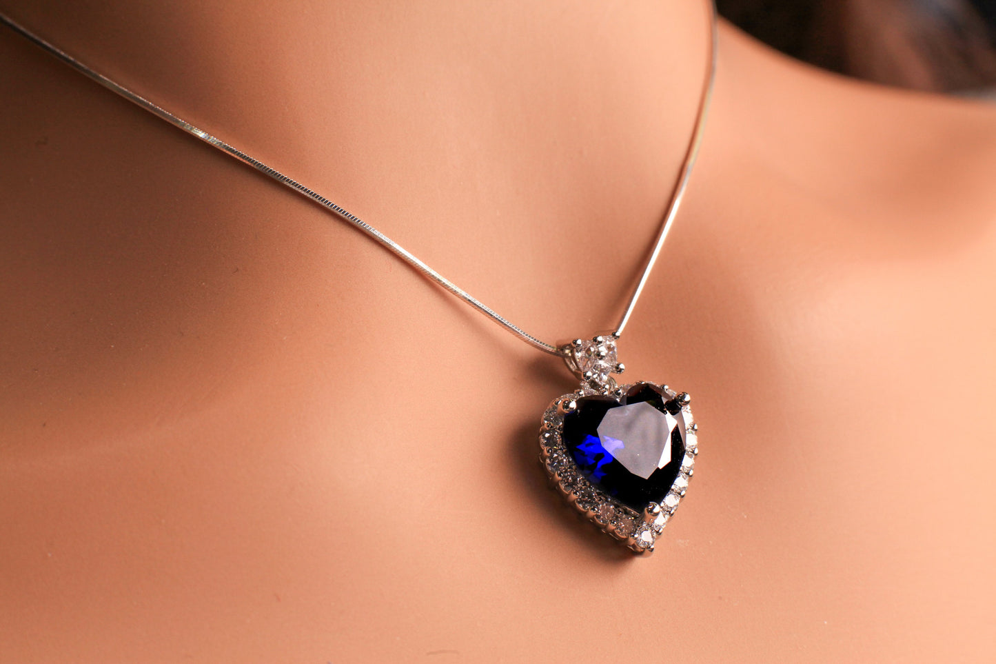 Blue Sapphire CZ diamond setting Ocean of the Heart Pendant 925 Sterling Silver Necklace Italian Sterling Silver snake Chain,Gift