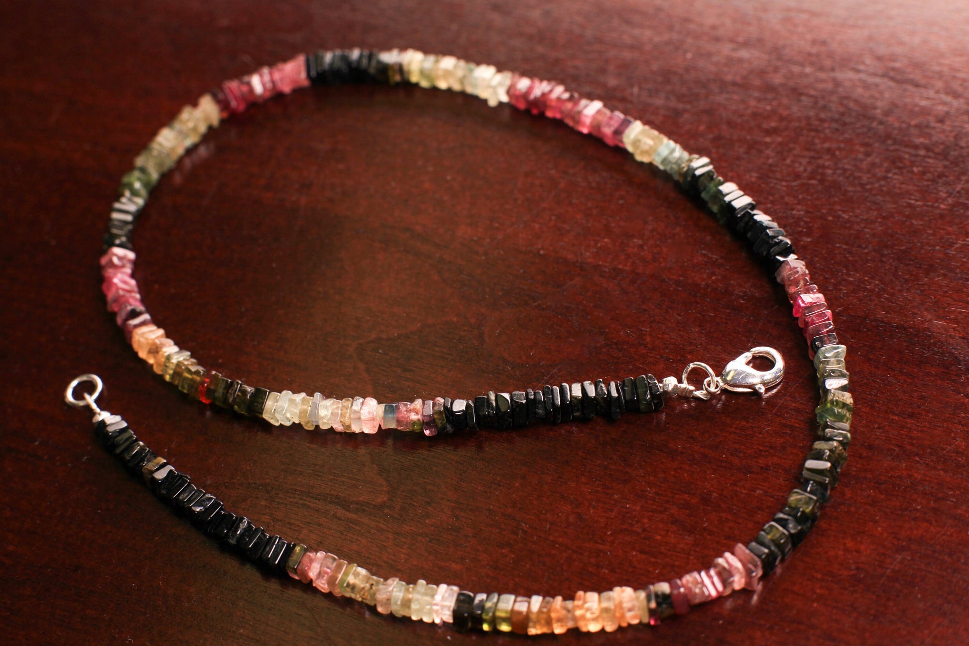 Genuine Multi Watermelon Tourmaline 4-4.5mm Heishi square silver Necklace for Man and Woman , Energy healing gems