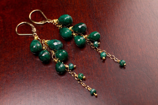 Natural Emerald Faceted Briolette Pear-drop Emerald 14K Gold Filled cascade Lever back Earrings, elegant precious Gift For Her