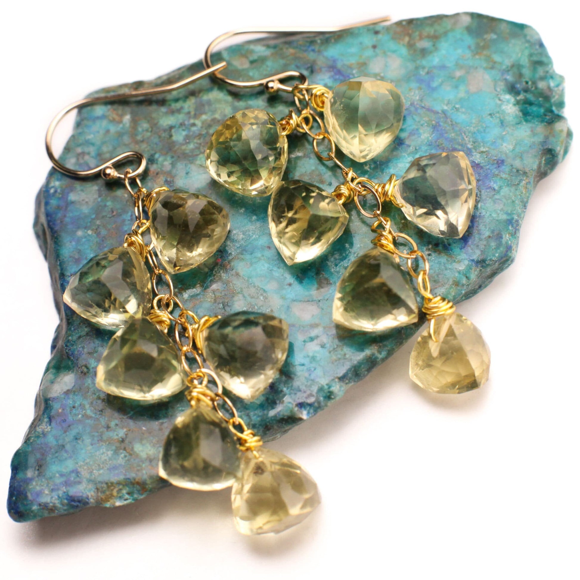 Natural Lemon Quartz Faceted Trillion Shape Briolette 7.5-8.5mm Wire Wrapped 14K Gold Filled Gemstone Dangling Earrings