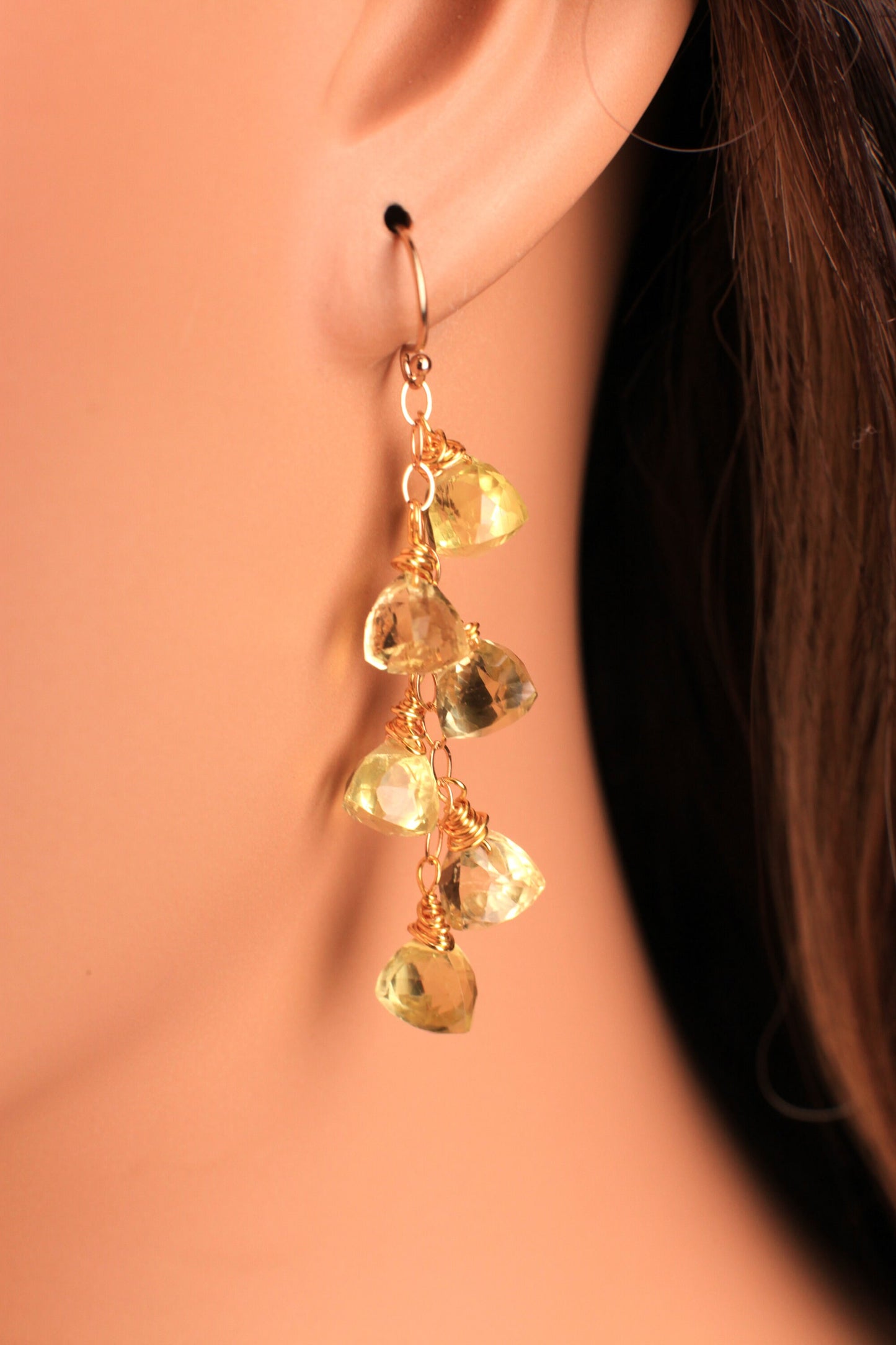 Natural Lemon Quartz Faceted Trillion Shape Briolette 7.5-8.5mm Wire Wrapped 14K Gold Filled Gemstone Dangling Earrings