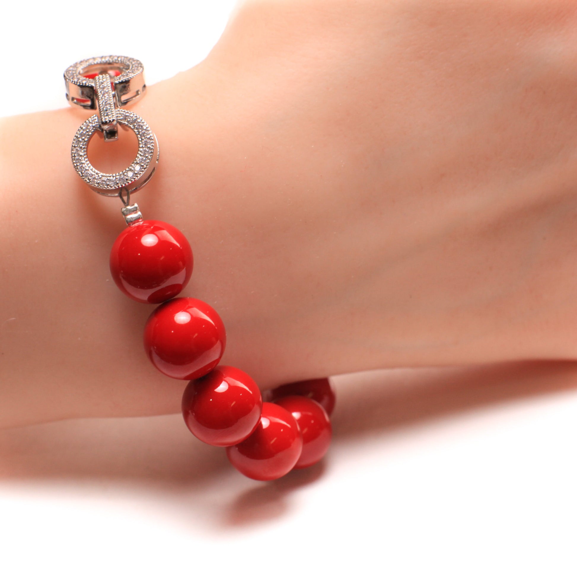 Red South Sea Shell Pearl 12mm High Luster CZ diamond fancy Hook and Eye Silver Rhodium Clasp Bracelet, Gift for Her