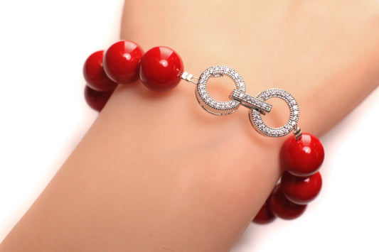Red South Sea Shell Pearl 12mm High Luster CZ diamond fancy Hook and Eye Silver Rhodium Clasp Bracelet, Gift for Her