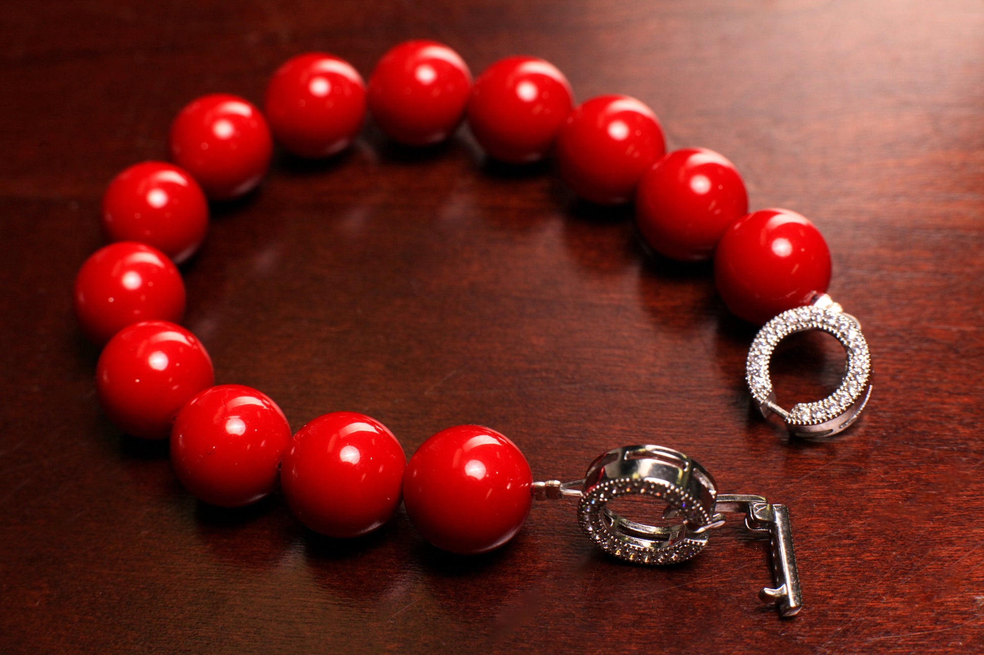 Red South Sea Shell Pearl 12mm High Luster CZ diamond fancy Hook and Eye Silver Rhodium Clasp Bracelet, Gift for Her