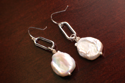 Natural Freshwater Coin Pearl 18mm large size Dangling Paper Clip Link 925 Sterling Silver Earrings