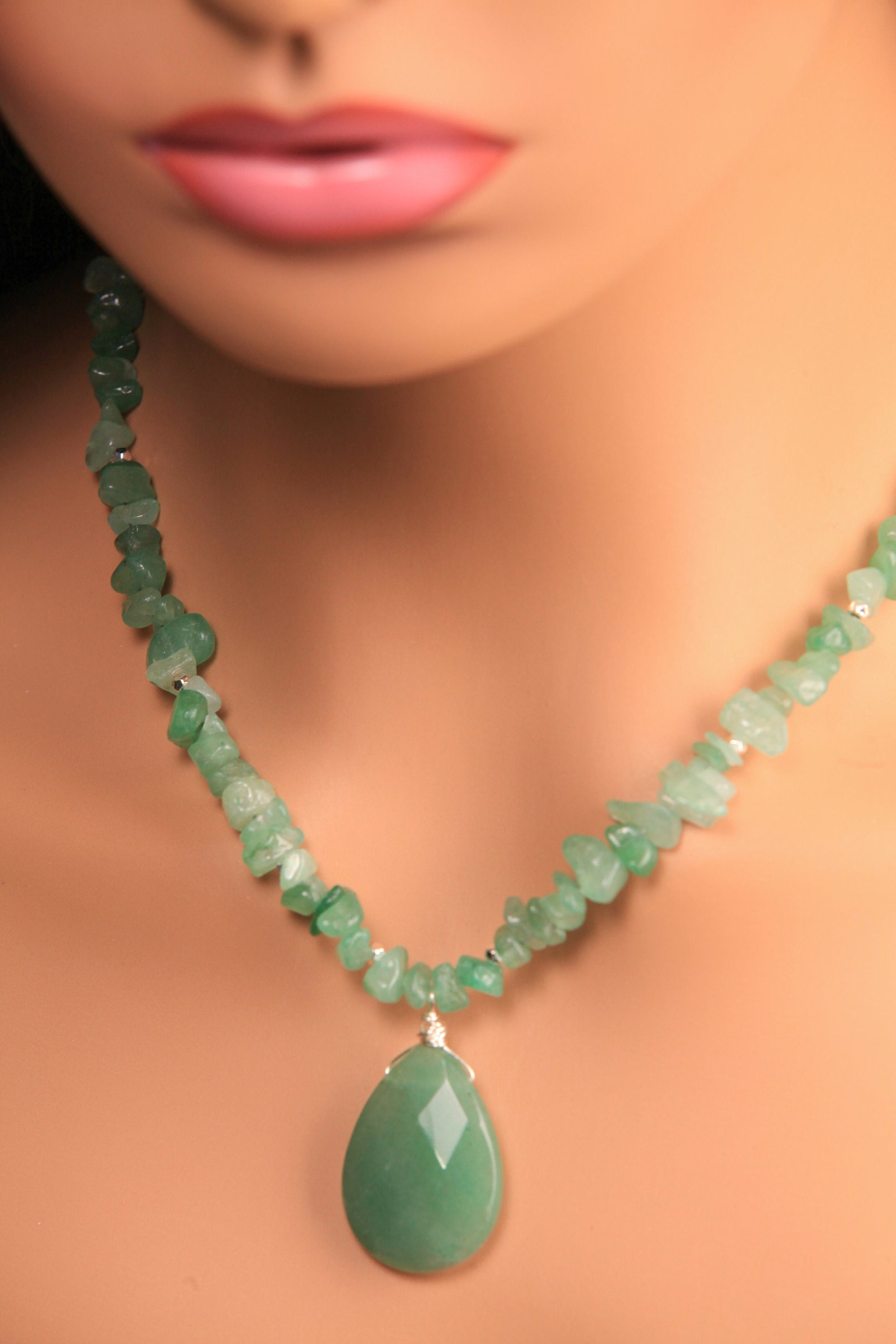 Green Aventurine Faceted Pear Drop 22x30mm Pendant Necklace with 2" Extension, matching earrings set. Chakra energy gift