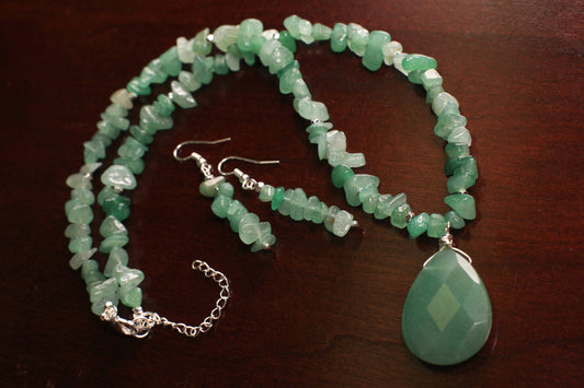 Green Aventurine Faceted Pear Drop 22x30mm Pendant Necklace with 2" Extension, matching earrings set. Chakra energy gift