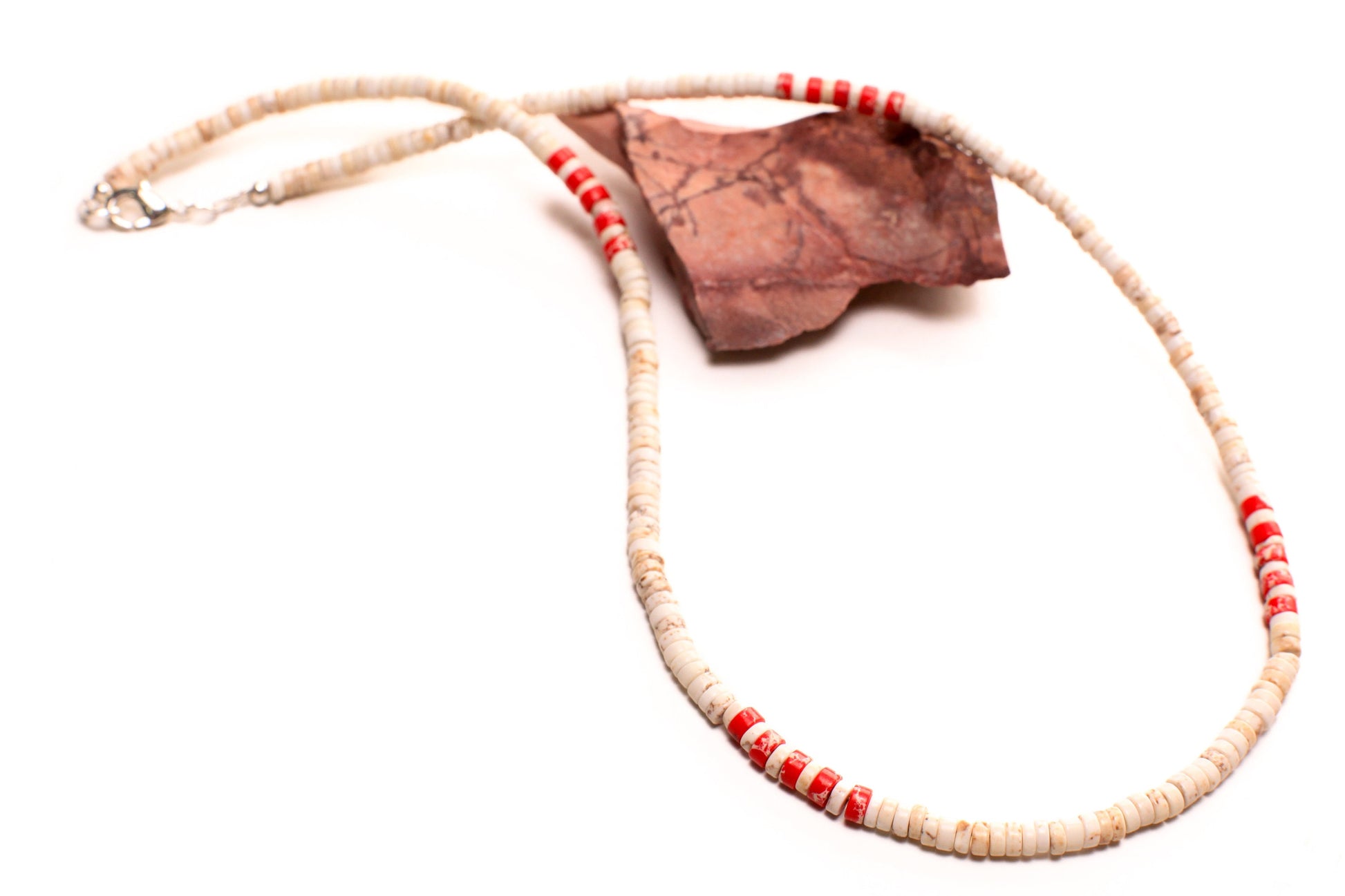 White Turquoise 4mm Heishi with Red Magnasite spacer Silver Necklace, for Man and Woman.