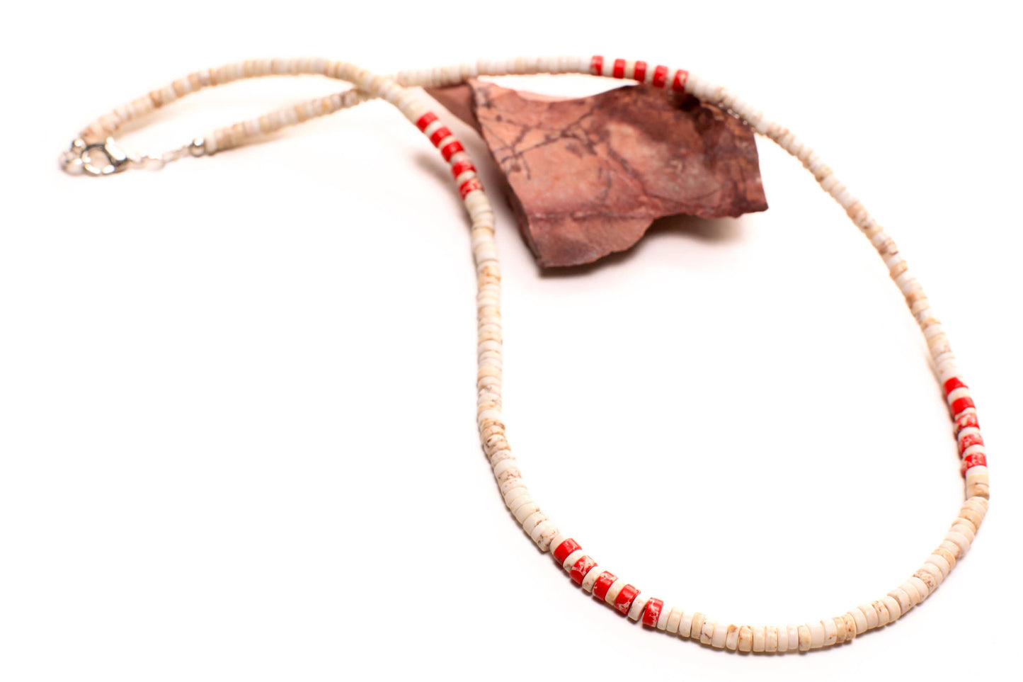 White Turquoise 4mm Heishi with Red impression jasper spacer Silver Necklace, for Man and Woman.