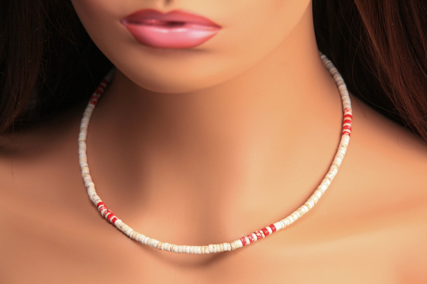 White Turquoise 4mm Heishi with Red Magnasite spacer Silver Necklace, for Man and Woman.