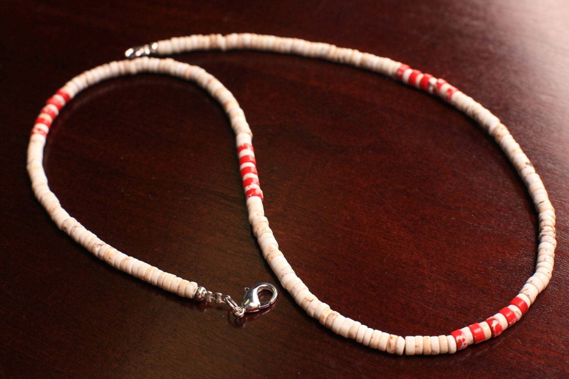 White Turquoise 4mm Heishi with Red impression jasper spacer Silver Necklace, for Man and Woman.