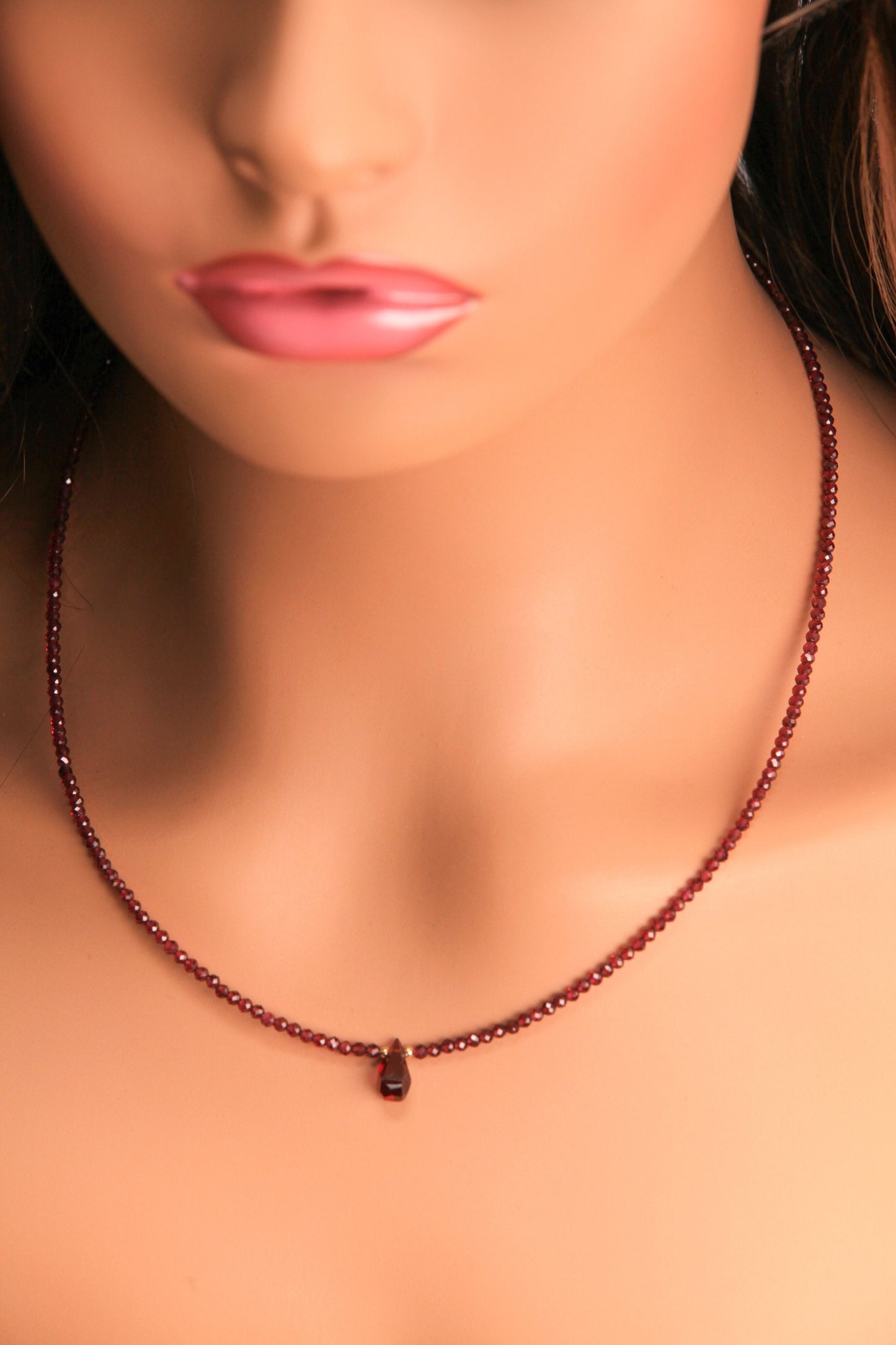 Mozambique Garnet 2.5mm Faceted Round Choker Layering Necklace with genuine garnet pendant in14k goldfilled January Birthstone, Woman Gift