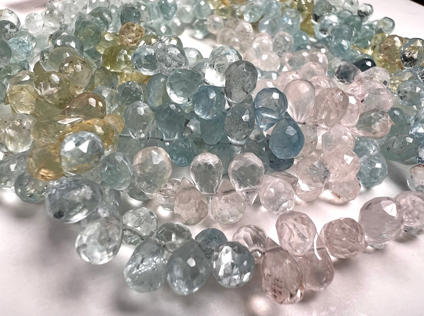 Natural Aquamarine Morganite Facetrd Briolette round Drop 5-6x6-7mm Jewelry Making Beads 38 pcs approx 4” and 77 pcs approx 8” full strand