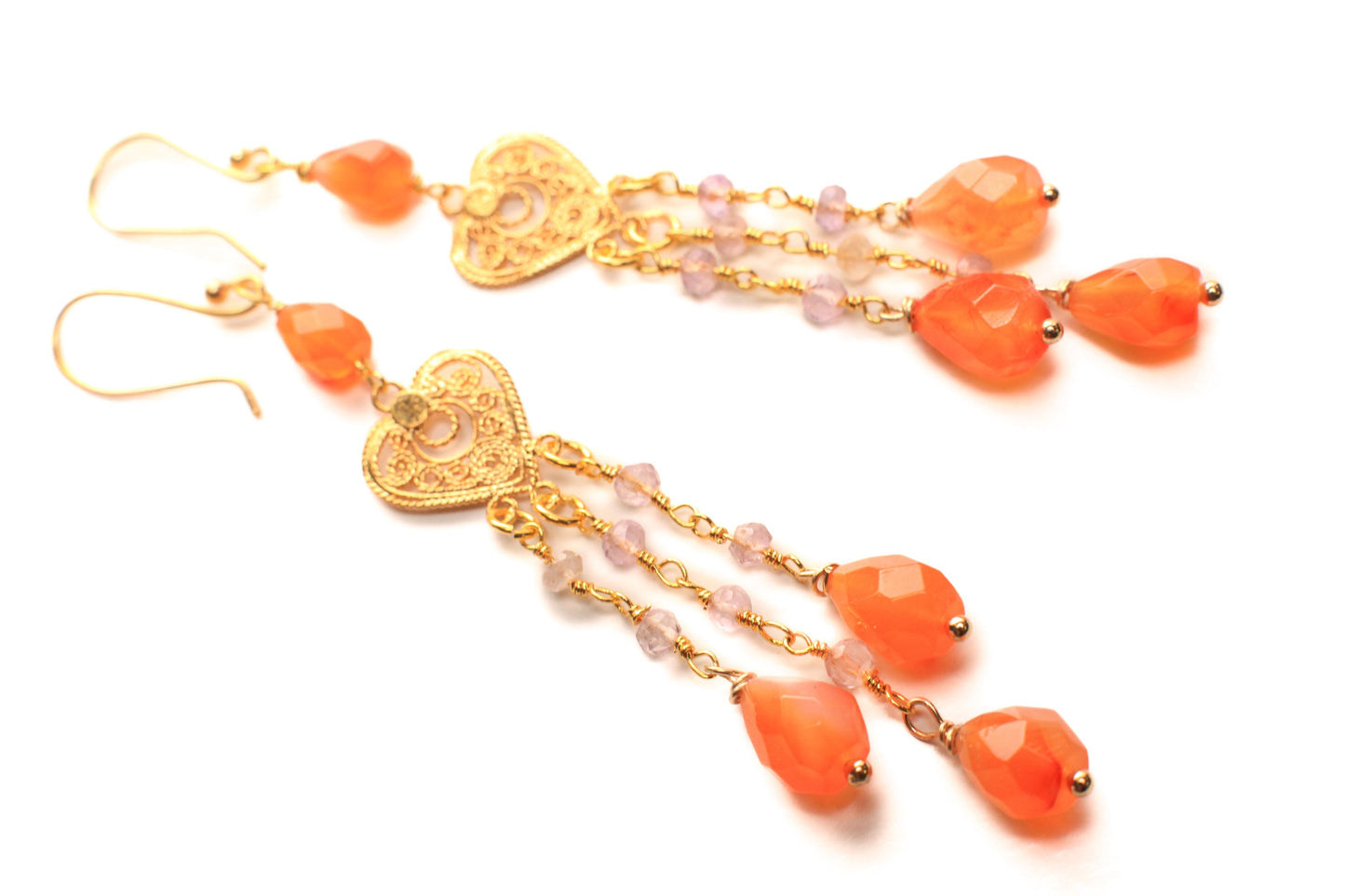 Genuine Carnelian Dangling Faceted Briolette 7x10-11mm Teardrop with Pink Topaz Spacers Chandelier Heart Gold Vermeil Earrings