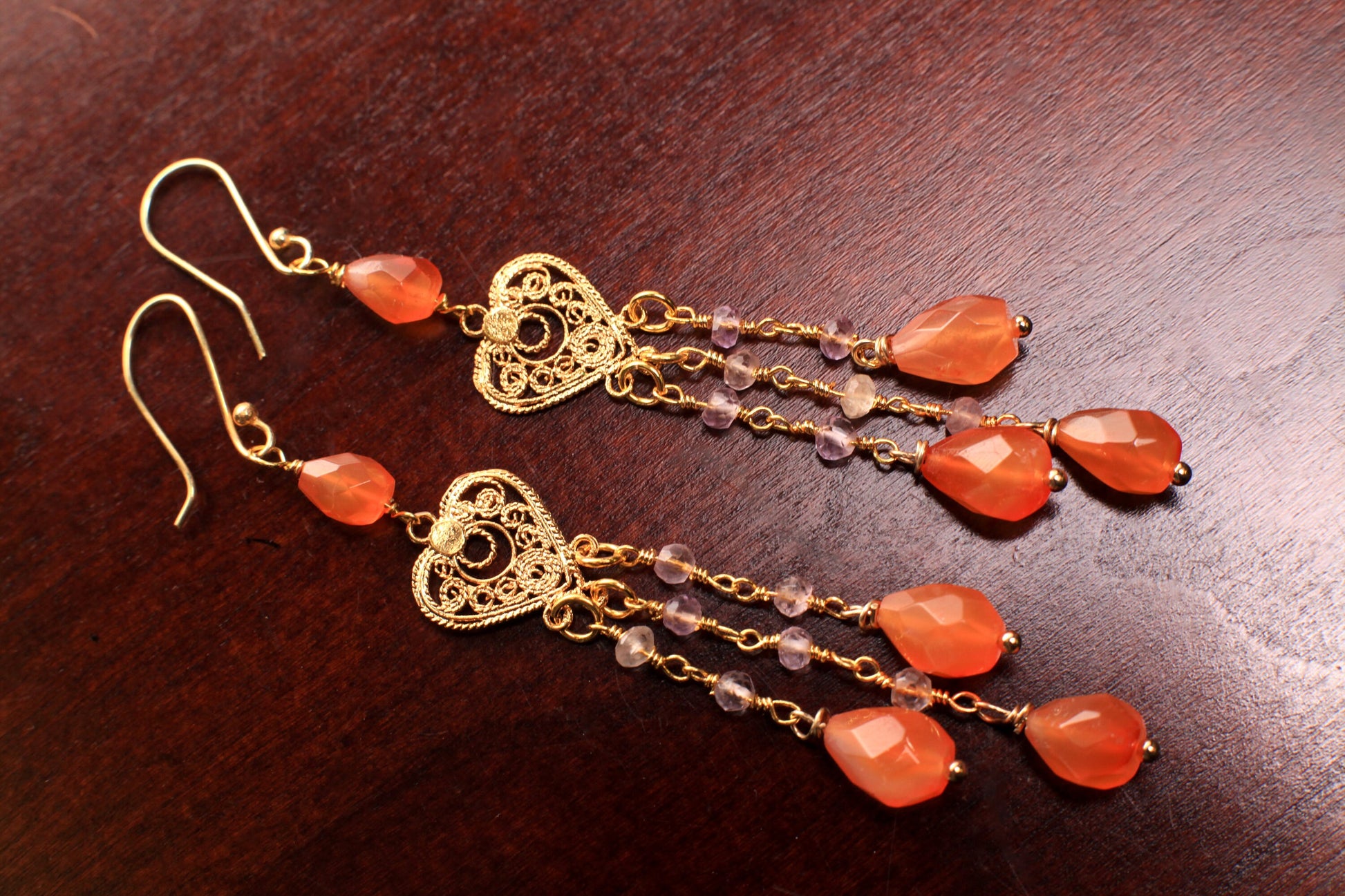 Genuine Carnelian Dangling Faceted Briolette 7x10-11mm Teardrop with Pink Topaz Spacers Chandelier Heart Gold Vermeil Earrings