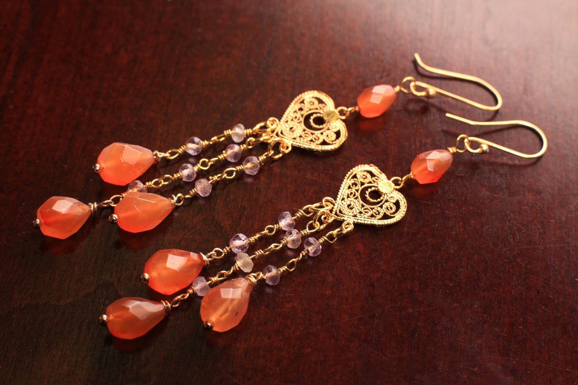 Genuine Carnelian Dangling Faceted Briolette 7x10-11mm Teardrop with Pink Topaz Spacers Chandelier Heart Gold Vermeil Earrings