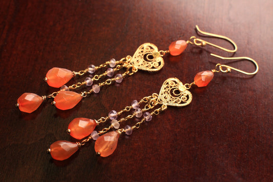 Genuine Carnelian Dangling Faceted Briolette 7x10-11mm Teardrop with Pink Topaz Spacers Chandelier Heart Gold Vermeil Earrings