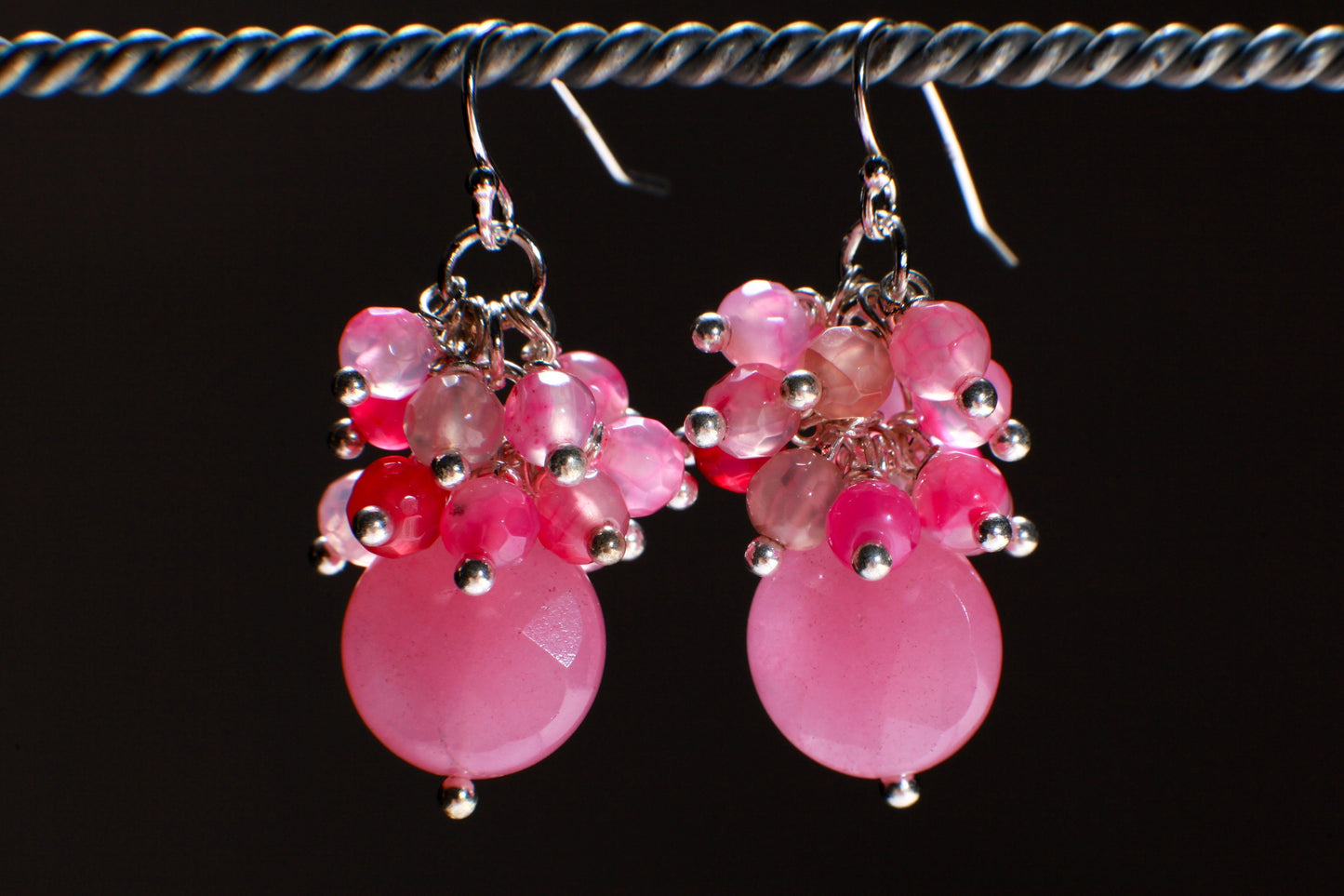 Natural Fire Agate Wire Wrapped Clusters Dangling Hot Pink Fuchsia Coin Shape in 925 Sterling Silver Earwire Earrings, Handmade gift for her