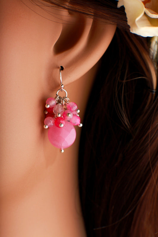 Natural Fire Agate Wire Wrapped Clusters Dangling Hot Pink Fuchsia Coin Shape in 925 Sterling Silver Earwire Earrings, Handmade gift for her