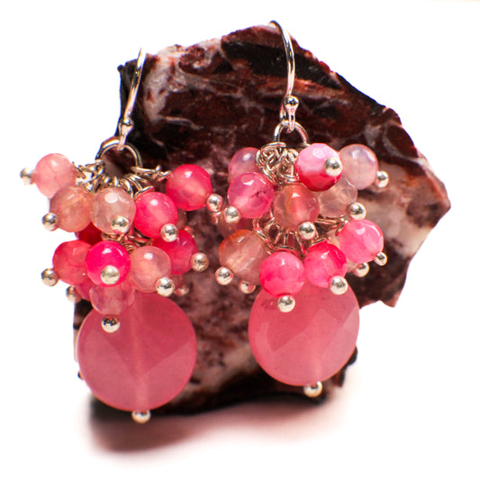 Natural Fire Agate Wire Wrapped Clusters Dangling Hot Pink Fuchsia Coin Shape in 925 Sterling Silver Earwire Earrings, Handmade gift for her