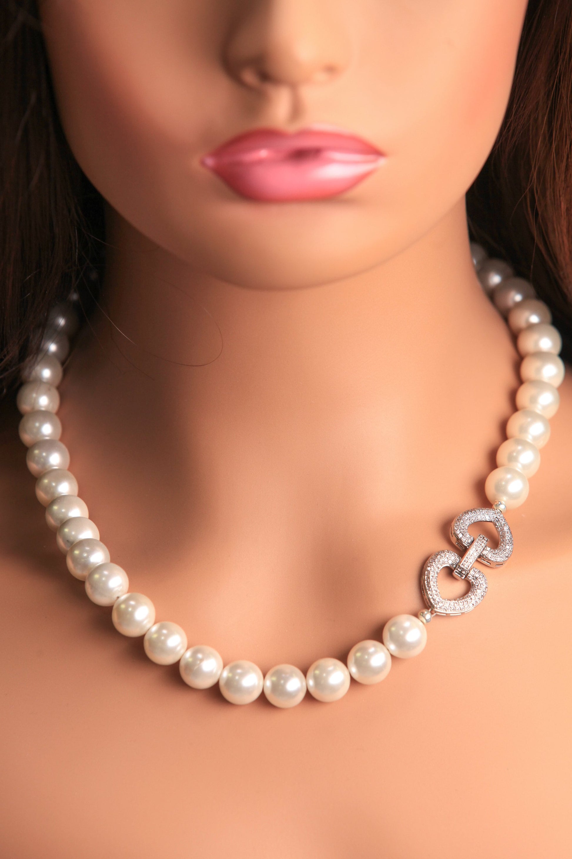 South Sea Shell Pearl 12mm white High Luster CZ diamond fancy clasp Statement Necklace with Hook and Eye Clasp Necklace, Gift for Her