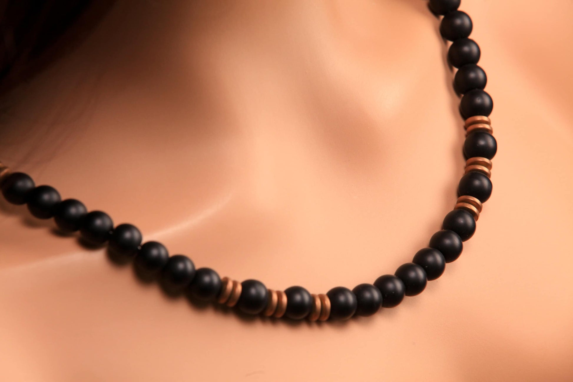 Matte Black Onyx and Antique Copper Matte Hematite spacers Men Necklace, energy protection gemstone