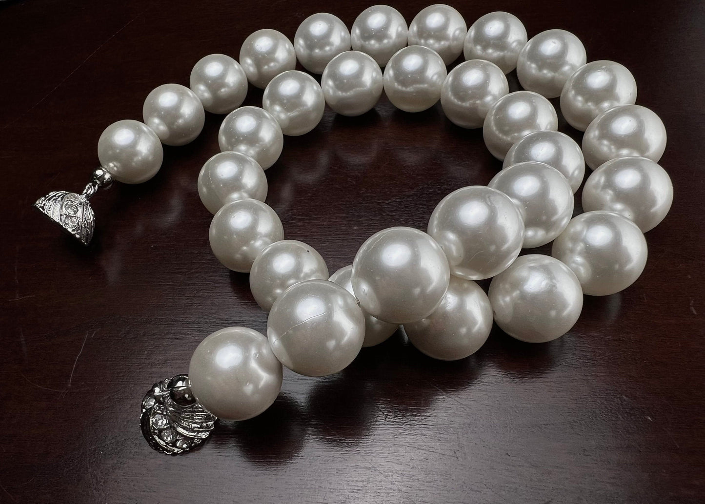 White South Sea Shell Pearl 14mm Large High Luster Statement Necklace, Magnet Ball Silver Rhodium Ball Clasp Necklace, Bridal