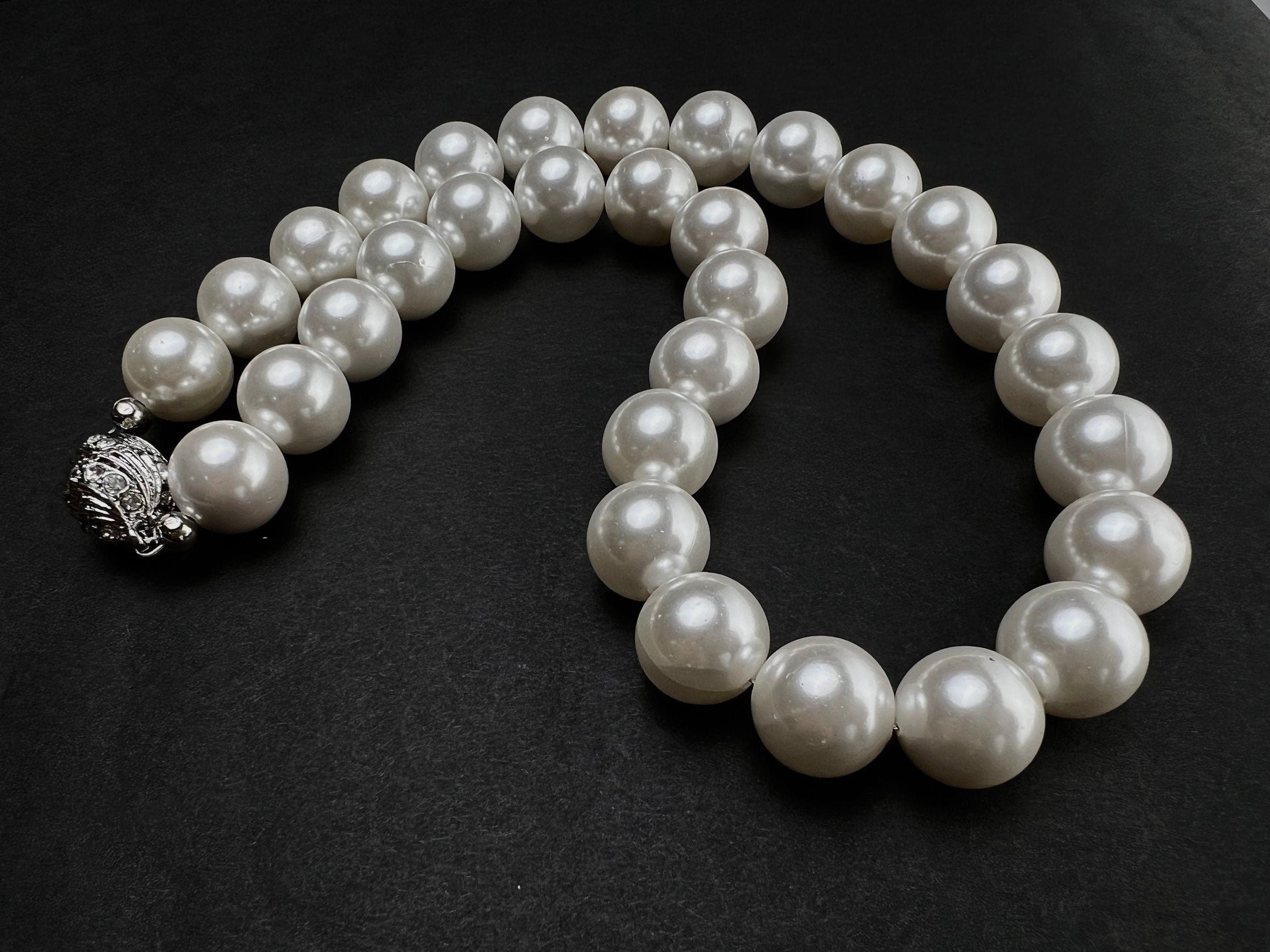 White South Sea Shell Pearl 14mm Large High Luster Statement Necklace, Magnet Ball Silver Rhodium Ball Clasp Necklace, Bridal
