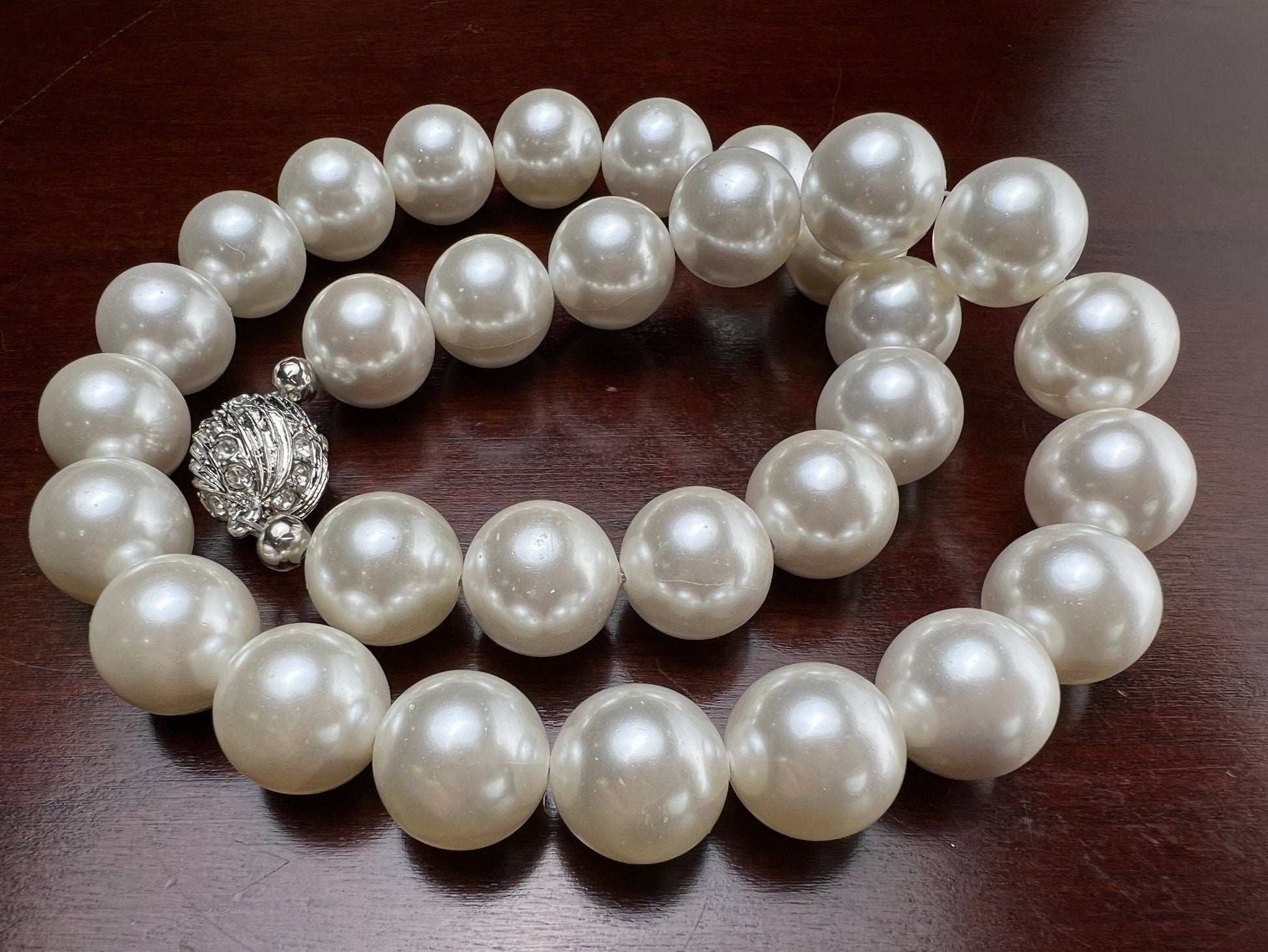 White South Sea Shell Pearl 14mm Large High Luster Statement Necklace, Magnet Ball Silver Rhodium Ball Clasp Necklace, Bridal