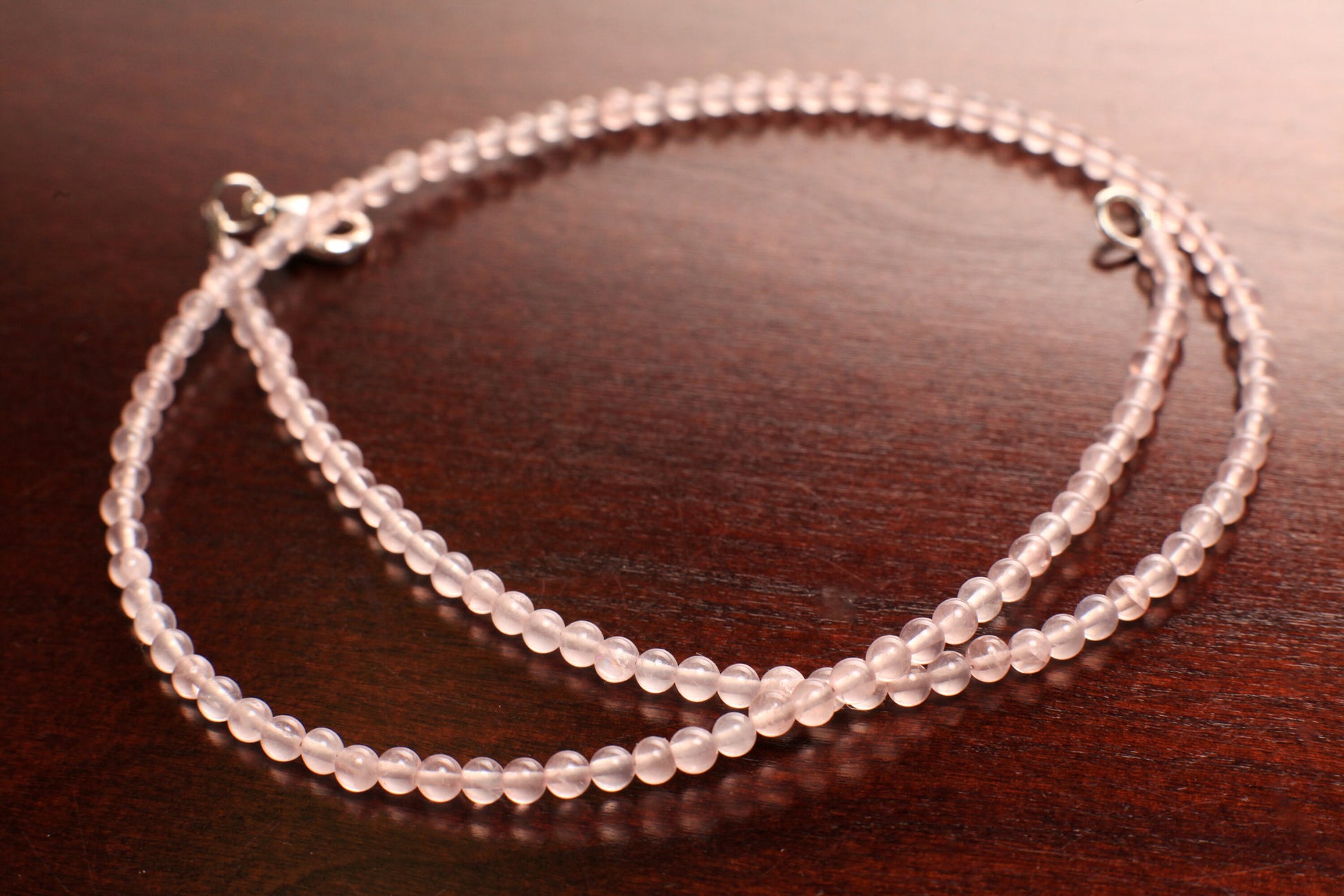 Natural Rose Quartz 3mm smooth Round beaded Silver Necklace. Soft light pink Gemstone for Love valentine gift