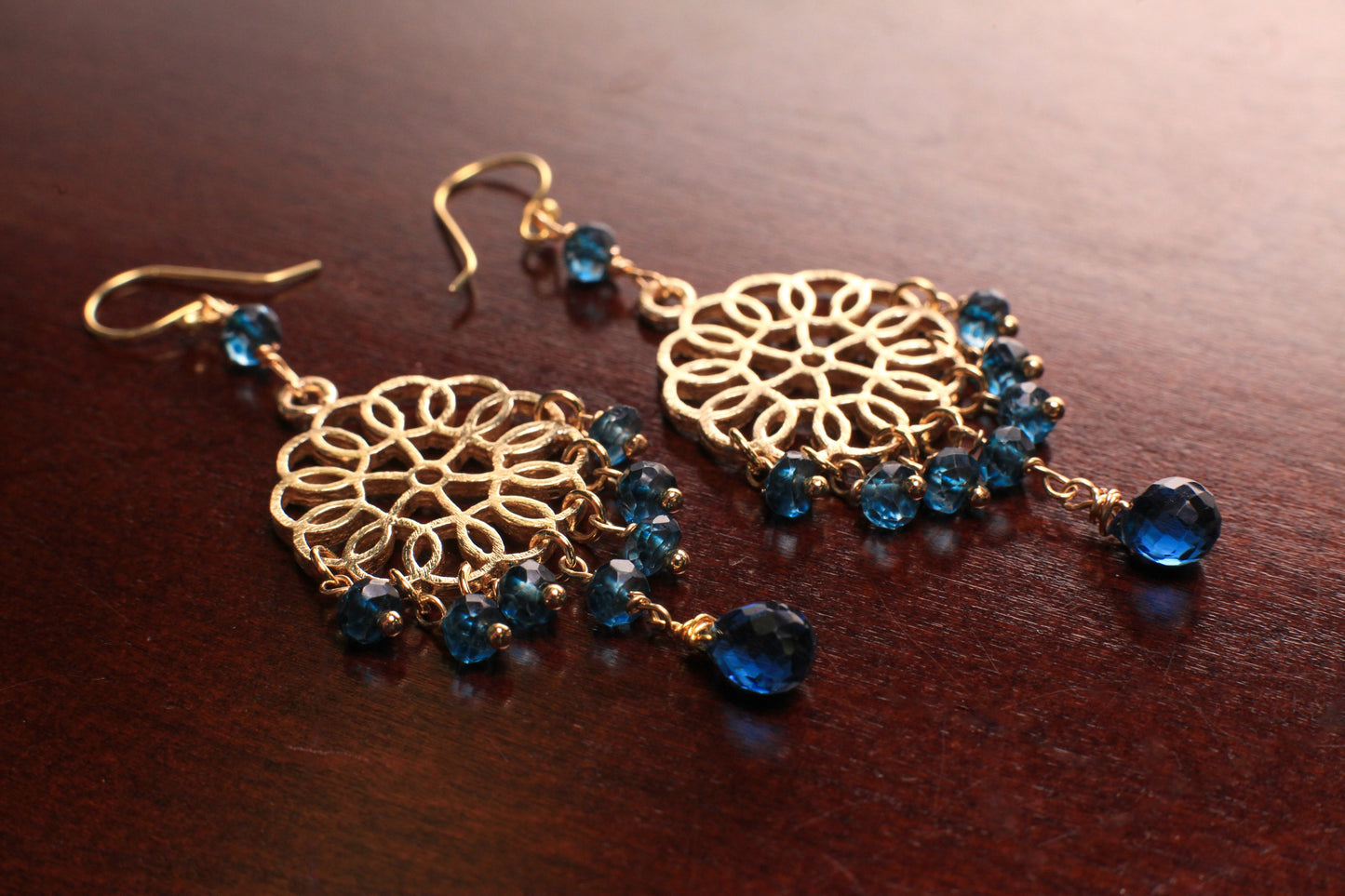 London Blue Topaz Chandelier brush gold vermeil earrings .Wire Wrapped handmade Gift valentines midnight blue earring.