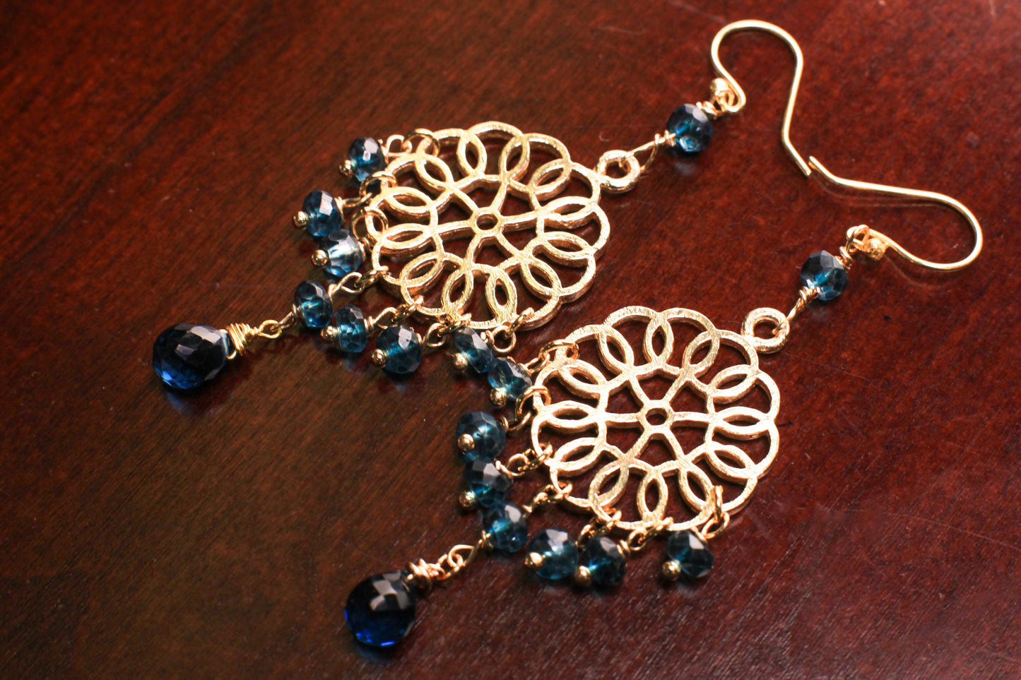 London Blue Topaz Chandelier brush gold vermeil earrings .Wire Wrapped handmade Gift valentines midnight blue earring.