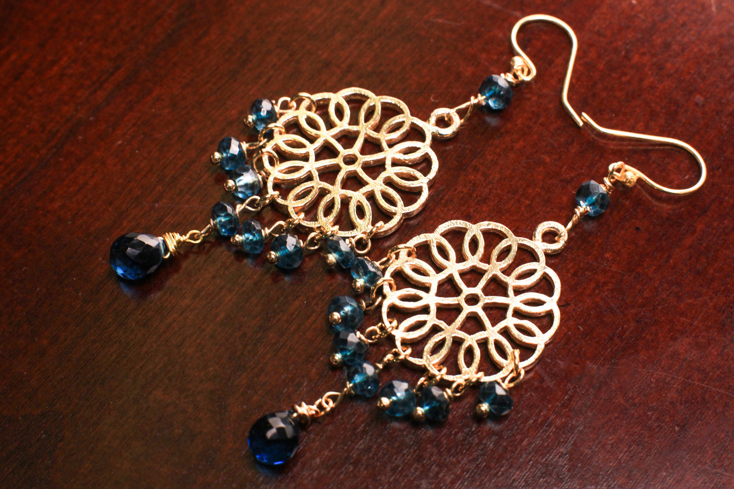 London Blue Topaz Chandelier brush gold vermeil earrings .Wire Wrapped handmade Gift valentines midnight blue earring.