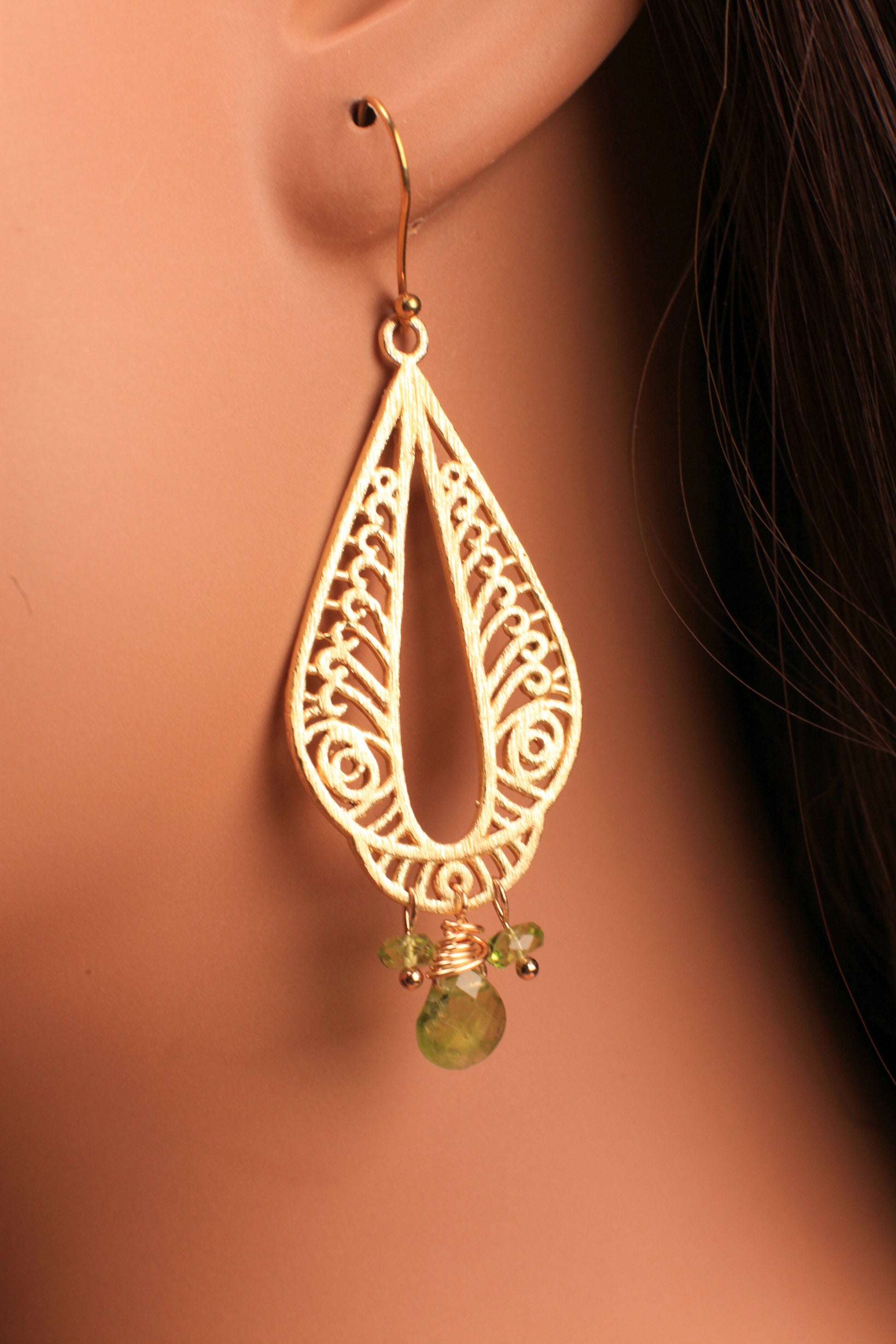 Brush Gold Vermeil with Natural Peridot dangling wire wrapped handmade Earring, August Birthstone