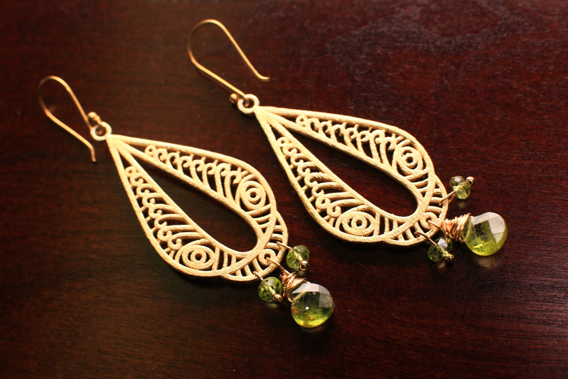 Brush Gold Vermeil with Natural Peridot dangling wire wrapped handmade Earring, August Birthstone