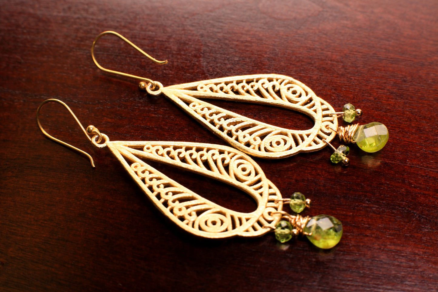 Brush Gold Vermeil with Natural Peridot dangling wire wrapped handmade Earring, August Birthstone