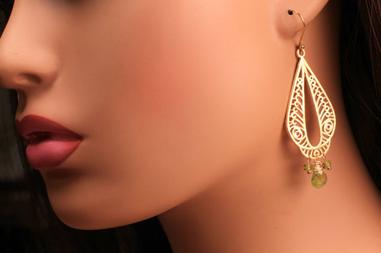 Brush Gold Vermeil with Natural Peridot dangling wire wrapped handmade Earring, August Birthstone