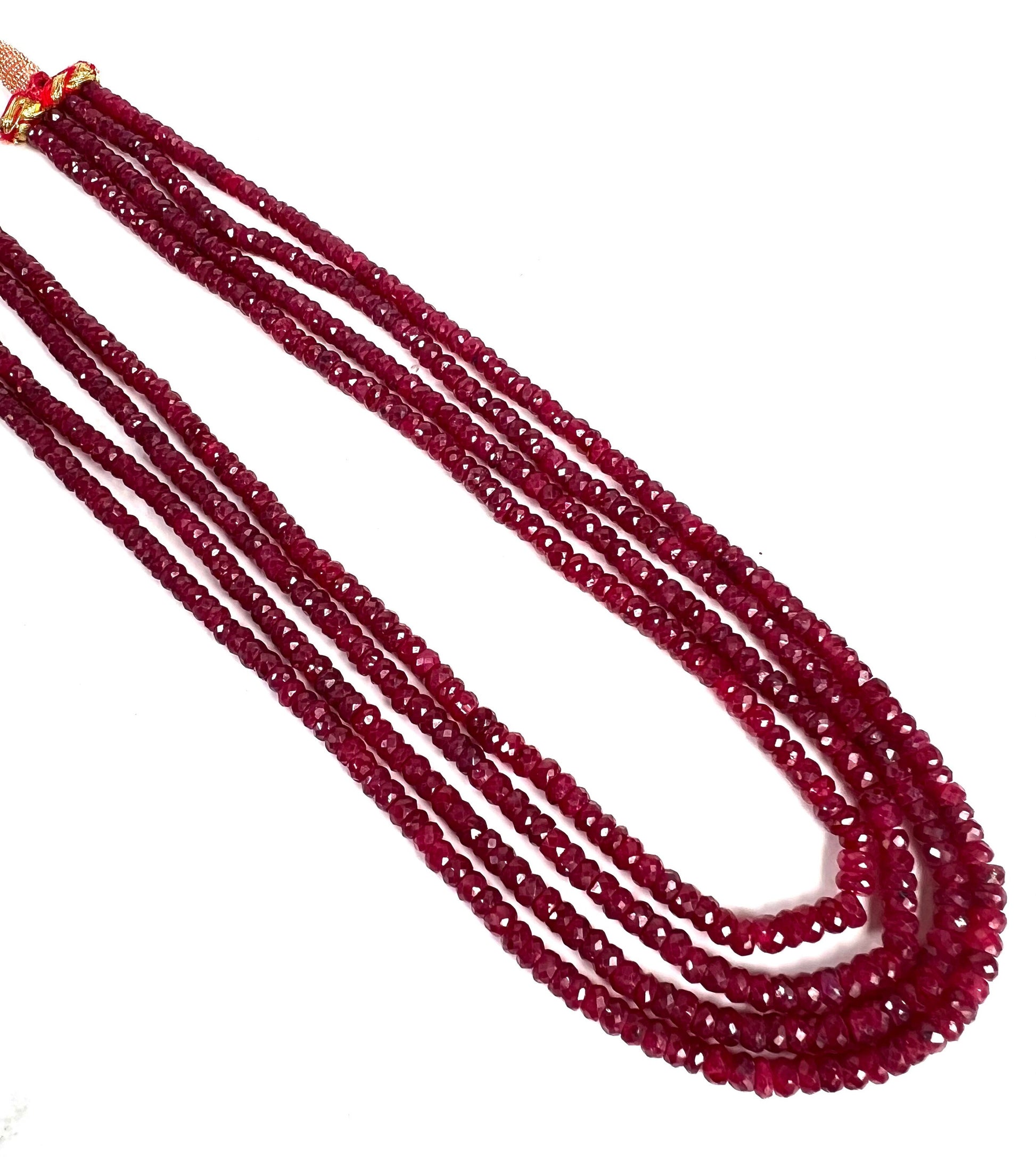 AAA Natural Ruby Facetef Roundel 4-4.5mm Multi Strand 4 Line Necklace. Bright Rich Red 16” Plus 9" Adjustable Thread. 340 carats