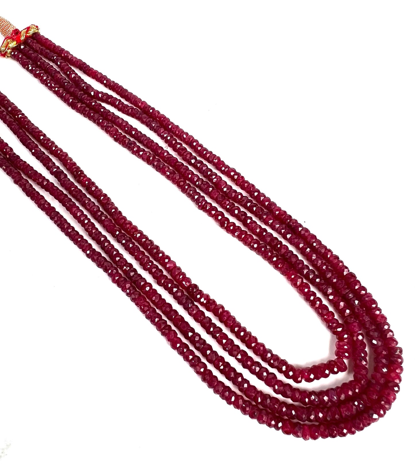 AAA Natural Ruby Faceted Roundel 4-4.5mm Multi Strand 4 Line Necklace. Bright Rich Red 16” Plus 9" Adjustable Thread. 403 carats